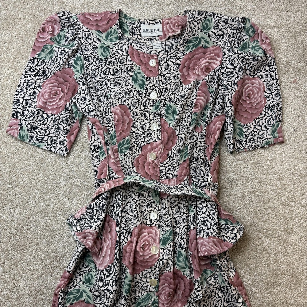 Vintage 90s Caroline Wells Dress Womens 12 Floral Peplum Pencil Half Sleeve Midi